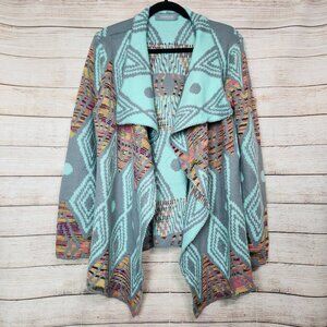 Andrade Open Cardigan Jacket Women's One Size Teal Aztec Print Cotton Polyester